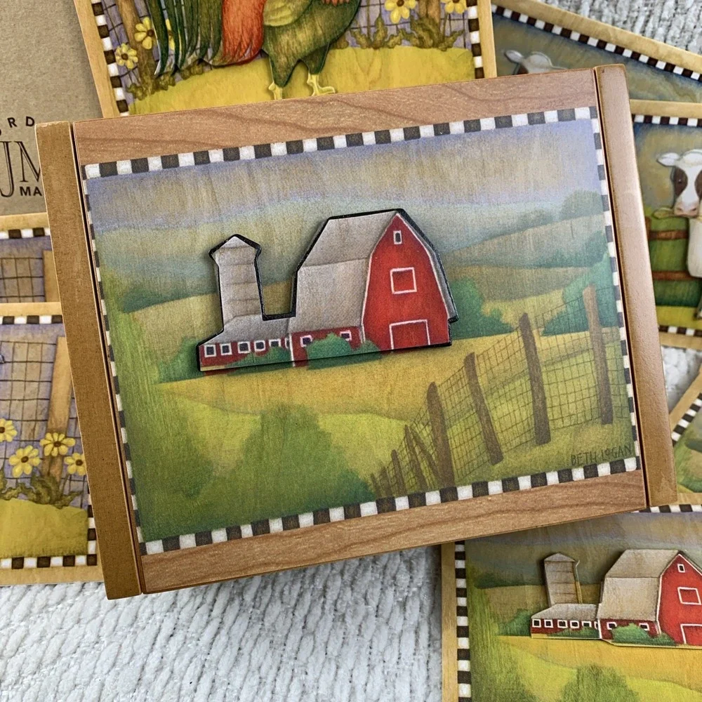 VTG 2003‎ BETH LOGAN Wooden Box With 3D Notecards Farm Cow Barn Rooster Daisies